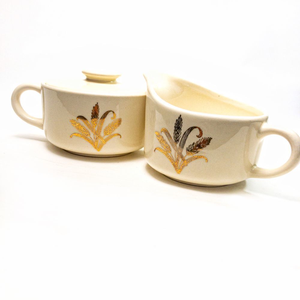 MCM Golden Wheat Creamer & Sugar w/ Lid